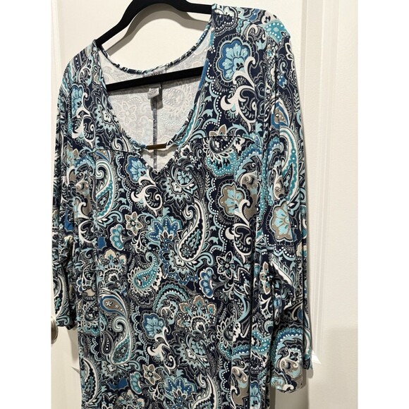 Catherine’s Blue Paisley 2X Dress Long Sleeve Women’s Plus White Teal - Picture 2 of 11